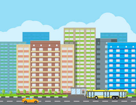 Modern City View. Cityscape with office and residental buildings, trees, road with bus and car, blue background with clouds. vector illustration in flat styleのイラスト素材