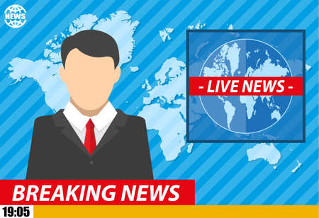 Silhouette of a man in television studio with world map. News announcer in the studio. breaking news. Vector illustration. vector illustration in flat styleのイラスト素材