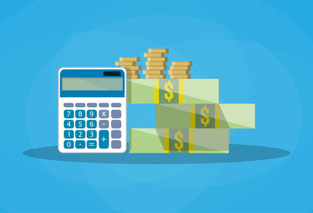 couting finances. calculator and row of gold yellow coins and dollar stacks. vector illustration in flat style on blue backgroundのイラスト素材