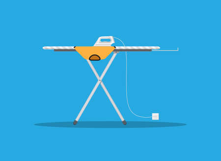 White modern iron and orange tshirt on ironing board, vector illustration in flat design on blue backgroundのイラスト素材