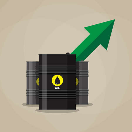 three oil barrel and green chart graph arrow pointing up. vector illustration in flat style on brown backgroundのイラスト素材