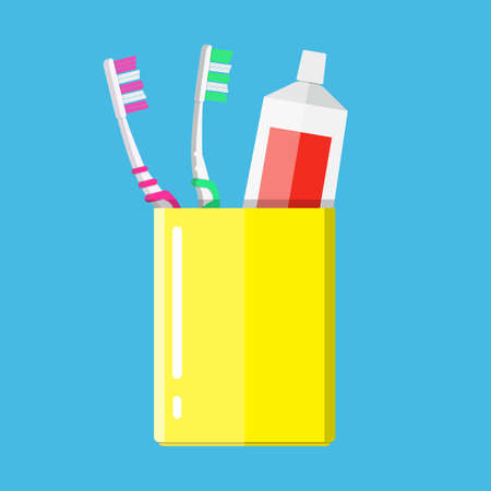 Toothbrush, toothpaste in a glass. ivector illustration in flat style on blue backgroundのイラスト素材