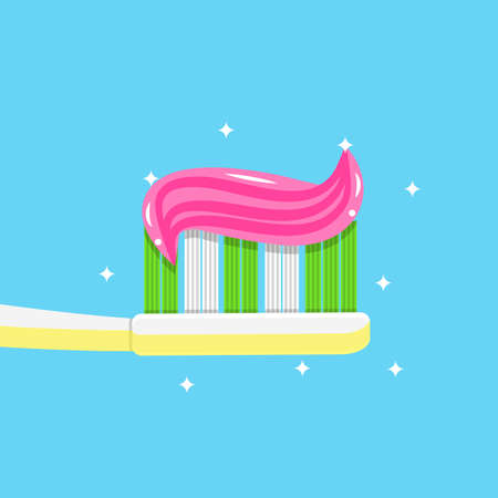 toothpaste on tooth brush. close up. vector illustration in flat style on blue backgroundのイラスト素材