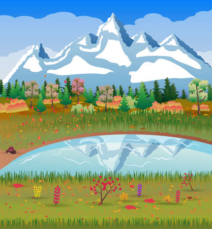 Autumn nature landscape with forest, lake and mountains. vector illustrationのイラスト素材