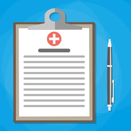 Clipboard and pen. Make notes in clipboard. medical report. analysis or prescription concept. vector illustration in flat styleのイラスト素材