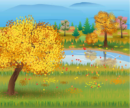 Autumn nature landscape with forest and lake. vector illustrationのイラスト素材