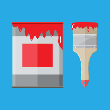 Metal tin can with red paint and paintbrush. vector illistration in flat style on blue backgroundのイラスト素材