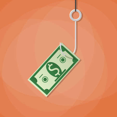 Dollar on fishing hook. Money trap concept. Money with hook vector illustration in flat style on red backgroundのイラスト素材