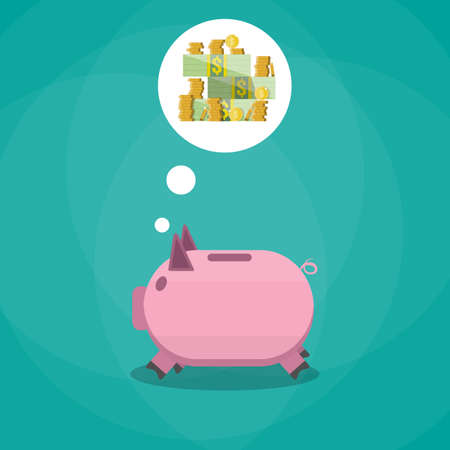 pink piggy bank dreaming about money. vector illustration in flat style on green backgroundのイラスト素材
