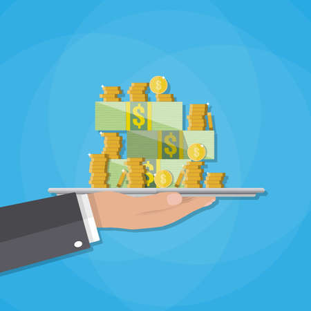 hand holding tray with pile of cash money and gold coins. vector illustration in flat style on blue backgroundのイラスト素材