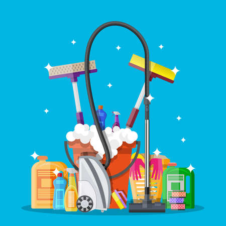 Cleaning set. MOP, sponge, bucket, cleaning products in bottle for floor and glass, rubber gloves, vacuum cleaner. vector illustration in flat design on blue backgroundのイラスト素材