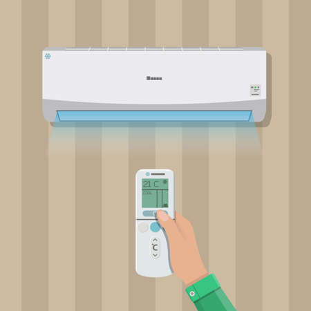 Air conditioner system. hand with remote control and internal unit on wall. vector illustration in flat styleのイラスト素材