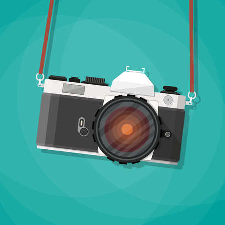Old vintage photo camera with strap. Hanging retro camera. vector illustration in flat style on...