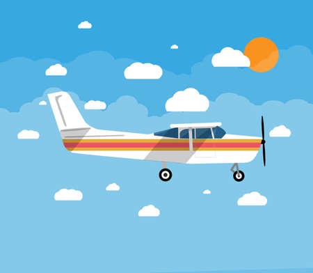 Small personal airplane in air with sky, clouds and sun. vector illustration in flat styleのイラスト素材