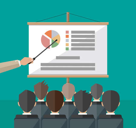 hand of teacher with pointer in front of screen with chart pie do presentation to other business people. Training staff, meeting, report, business school. vector illustration in flat styleのイラスト素材