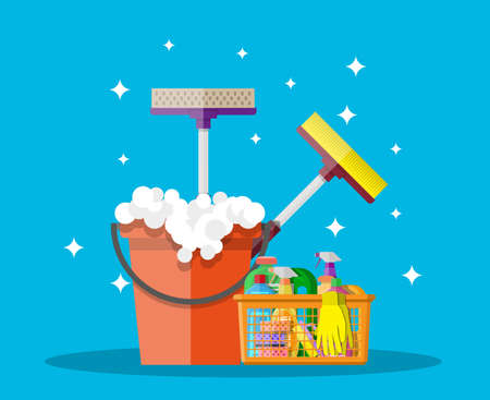 Cleaning set. household cleaning products and accessories in plastic basket. bucket with soap, rubber gloves, mop, detergent spay, sponge. vector illustration in flat design on blueのイラスト素材