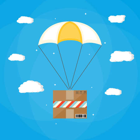 Delivery service, air shipping. Parachute with box. Package flying with parachute in the sky with clouds. vector illustration in flat styleのイラスト素材