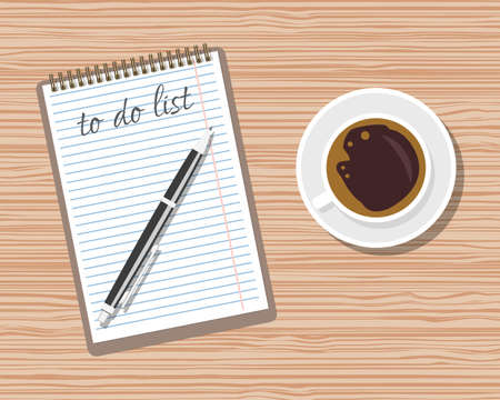 Office wooden desk. Coffee and blank memo with pen. vector illustration in flat style