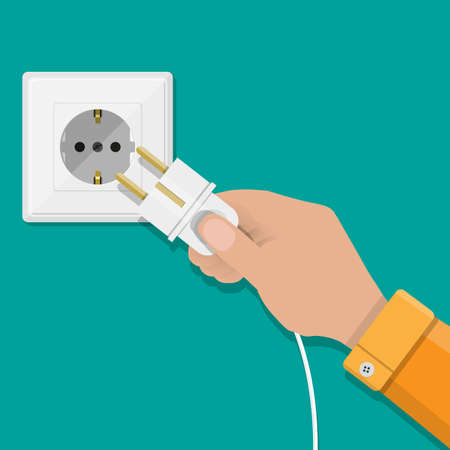 Electric white socket and hand with plug on green background. vector illustration in flat designのイラスト素材