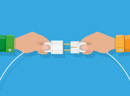 Two hands trying to connect electric plug together, Connection, Teamwork. vector illustration in...