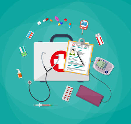 Mediacal first aid kit with different pills and medical devices, patiend card with pen, Pill and care healthy, healthcare. vector illustration in flat style isolated on brown backgroundのイラスト素材