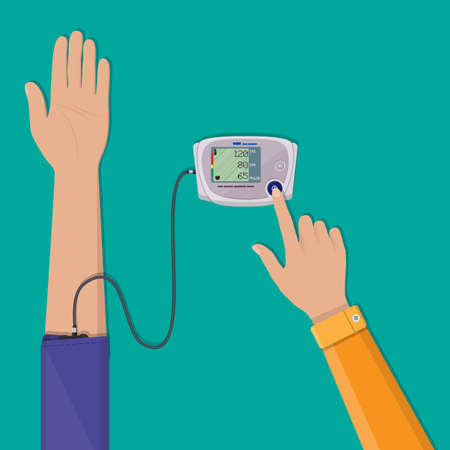 man checks high blood pressure on digital blood pressure monometerのイラスト素材