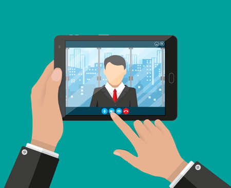 Hands with tablet pc. Director communicates with staff . Online meeting, video call, webinar or training. Vector illustration in flat styleのイラスト素材