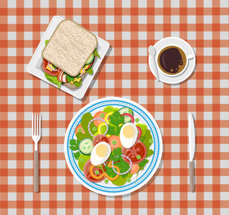 salad, coffee and sandwich. plates, fork and knife. breakfast concept. vector illustration in flat styleのイラスト素材