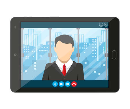 Tablet pc with internet conference app. Director communicates with staff . Online meeting, video call, webinar or training. Vector illustration in flat styleのイラスト素材