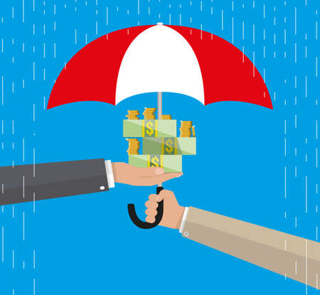 Umbrella to protect money. money protection, financial savings concpet. vector illustration in flat style on blue backgroundのイラスト素材