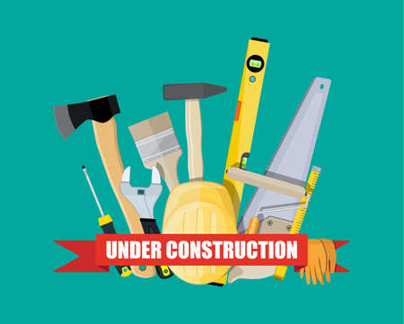construction and building equipment. saw ax helmet level painter brush hammer wrench screwdriver. vector illustration in flat styleのイラスト素材