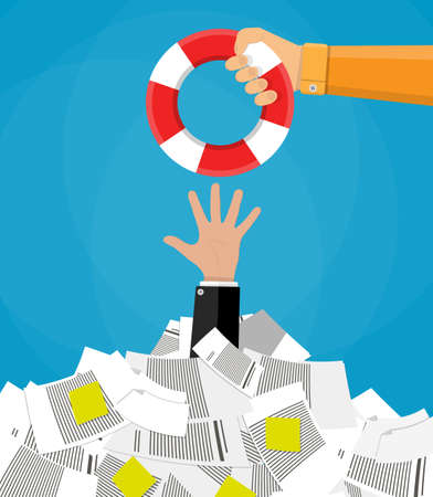Stressed cartoon businessman in pile of office papers and documents getting lifebuoy. Stress at work. Overworked. Vector illustration in flat designのイラスト素材