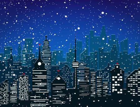 Winter city silhouette, office and residental buildings, falling snowflakes. sky. Christmas and new year, winter urban cityscape vector illustrationのイラスト素材