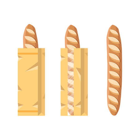 Bread in a paper bag. Packed French Baguette, loaf. Vector illustration in flat styleのイラスト素材