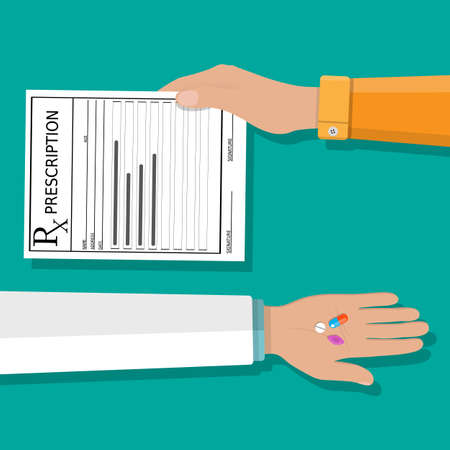 hands holds a prescription rx form and pills. taking pills, Healthcare, hospital and medical diagnostics. vector illustration in flat styleのイラスト素材