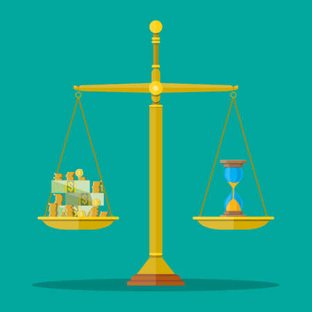 Scale weighing money and hourglass clocks. time is money, financial concept. vector illustration in flat designのイラスト素材