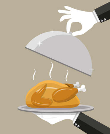 Waiter hand with silver cloche serving Roasted chicken on plate. vector illustration in flat styleのイラスト素材