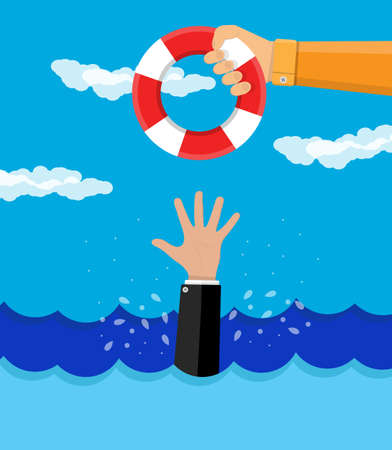drowning businessman gets a lifebuoy. save business concept. vector illustration in flat styleのイラスト素材