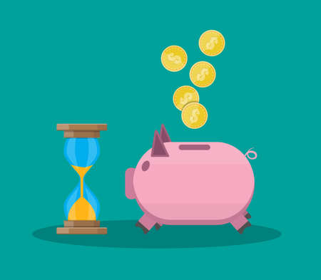 Time is money, old style hourglass clock and piggy bank. vector illustration in flat styleのイラスト素材