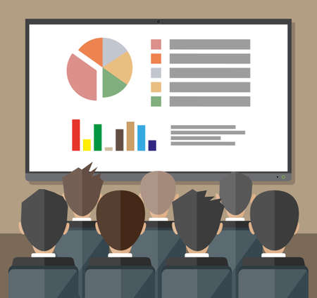 large tv screen with chart pie do presentation to other business people. Training staff, meeting, report, business school. vector illustration in flat styleのイラスト素材