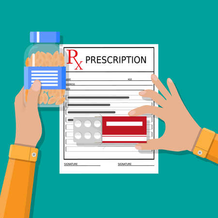 hand with prescription and pills. Healthcare, hospital and medical diagnostics concept. vector illustration in flat styleのイラスト素材