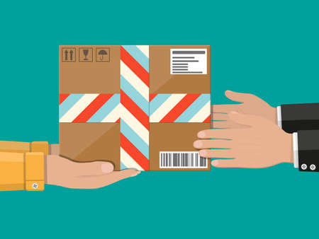 Hands with postal cardboard box. delivery concept