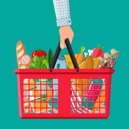plastic shopping basket full of groceries productsのイラスト素材