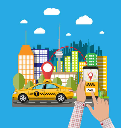 Urban cityscape with cab, phone taxi service appのイラスト素材