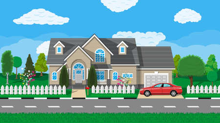 Private suburban house with car, trees, road, sky and clouds. Vector illustration in flat styleの写真素材
