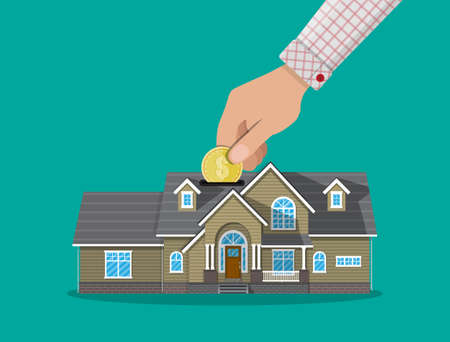 Hand put coin in piggy bank house. Vector illustration in flat styleのイラスト素材