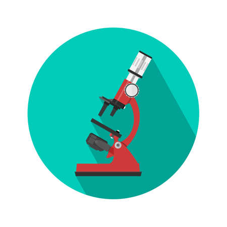 Red microscope icon. Vector illustration in flat styleのイラスト素材