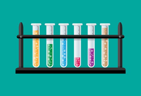 Test glass tubes in rack. Biology science education medical tests. Vector illustration in flat styleのイラスト素材