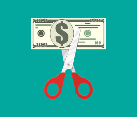 Scissors cutting dollar banknote. Vector illustration in flat styleのイラスト素材