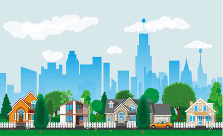 Private suburban houses with car, trees, road, sky and clouds. Cityscape. Vector illustration in flat styleのイラスト素材